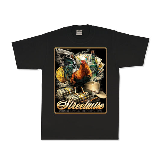 Black t-shirt with a graphic of a rooster standing on money. On a white background