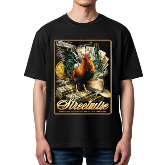 Black t-shirt with a rooster graphic and 'Streetwise' text on a white background