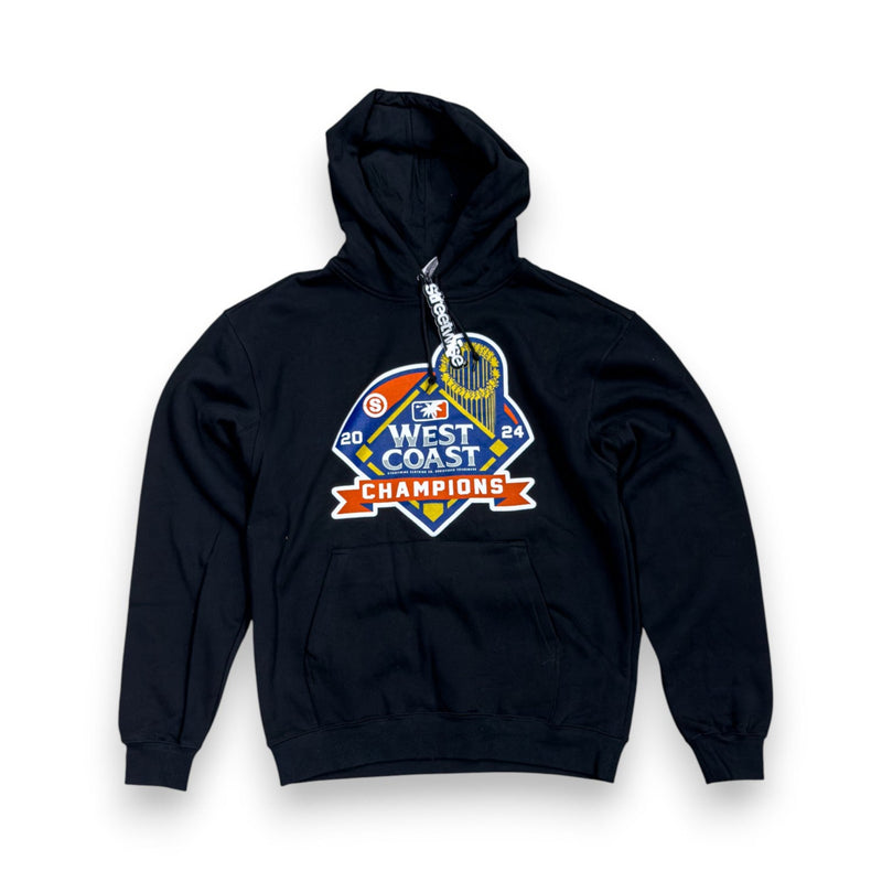 Load image into Gallery viewer, Black hoodie with 'West Coast Champions' graphic on a white background
