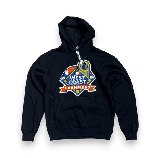 Black hoodie with 'West Coast Champions' graphic on a white background