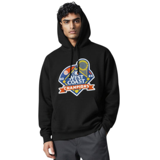 Person wearing a black hoodie with a colorful logo on a white background