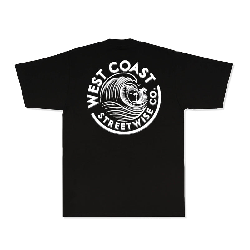 Load image into Gallery viewer, Black t-shirt with 'West Coast Street Wise Co' logo on a white background
