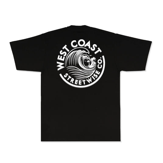 Black t-shirt with 'West Coast Street Wise Co' logo on a white background