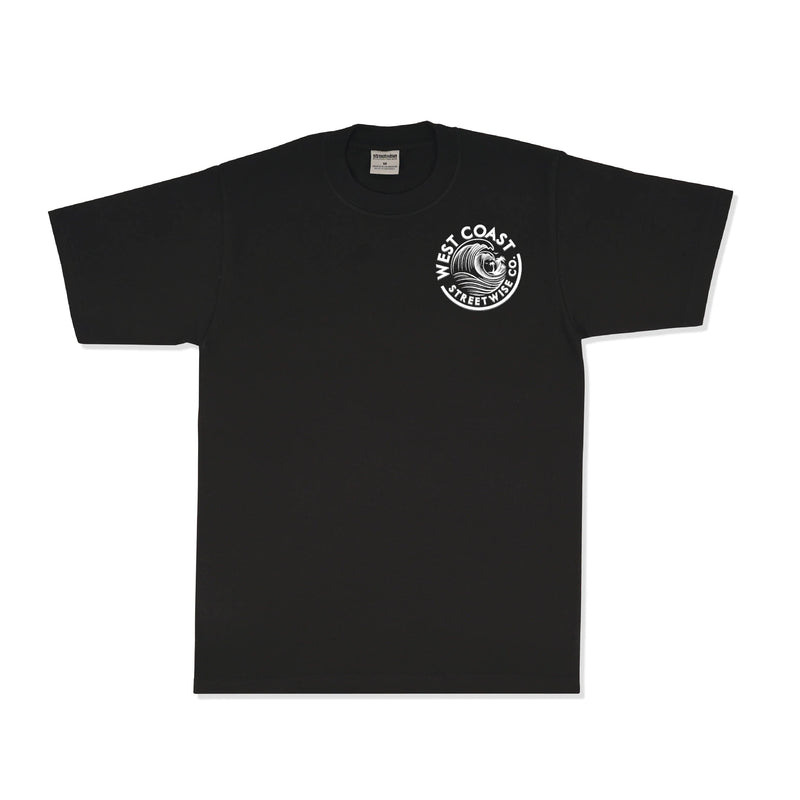 Load image into Gallery viewer, Black t-shirt with a logo on the chest against a white background
