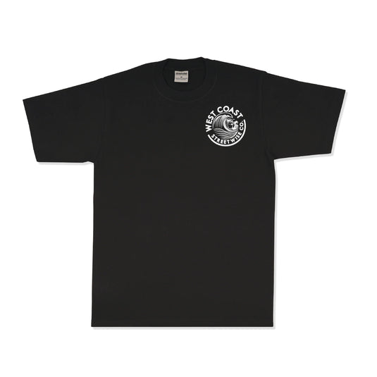 Black t-shirt with a logo on the chest against a white background