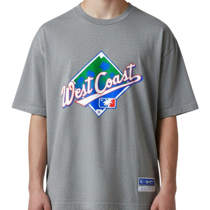 Load image into Gallery viewer, Person wearing a gray t-shirt with 'West Coast' logo on a white background

