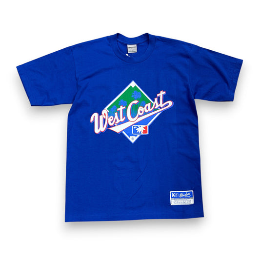 Blue t-shirt with 'West Coast' logo on a white background