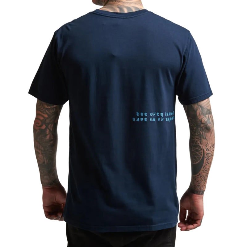 Load image into Gallery viewer, Navy blue t-shirt with text on the back worn by a person with tattoos.
