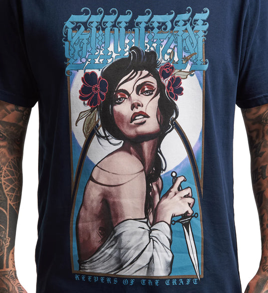 Navy blue t-shirt with a graphic design of a woman holding a sword and text on a white background