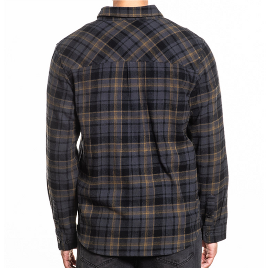 Plaid shirt worn by a person on a white background