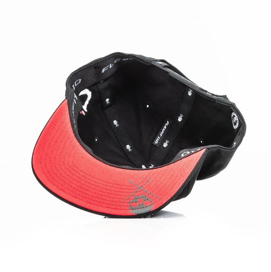 Black cap with red underbrim with Sullen brand logo on the inside and underbrim on a white background