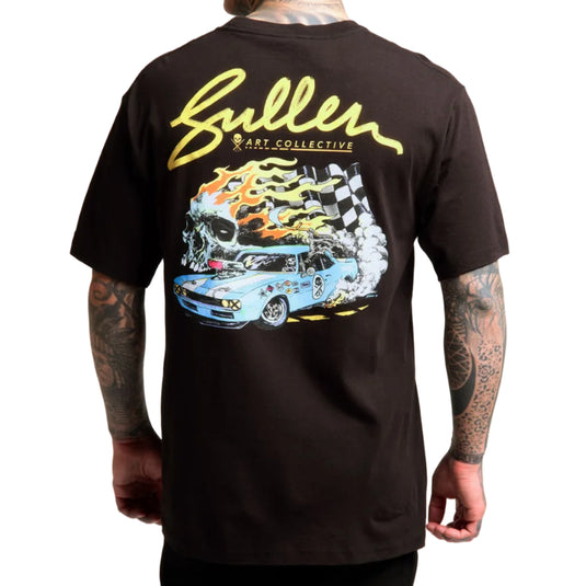 Black t-shirt with a colorful graphic of a car and 'Sullen' branding on the back.