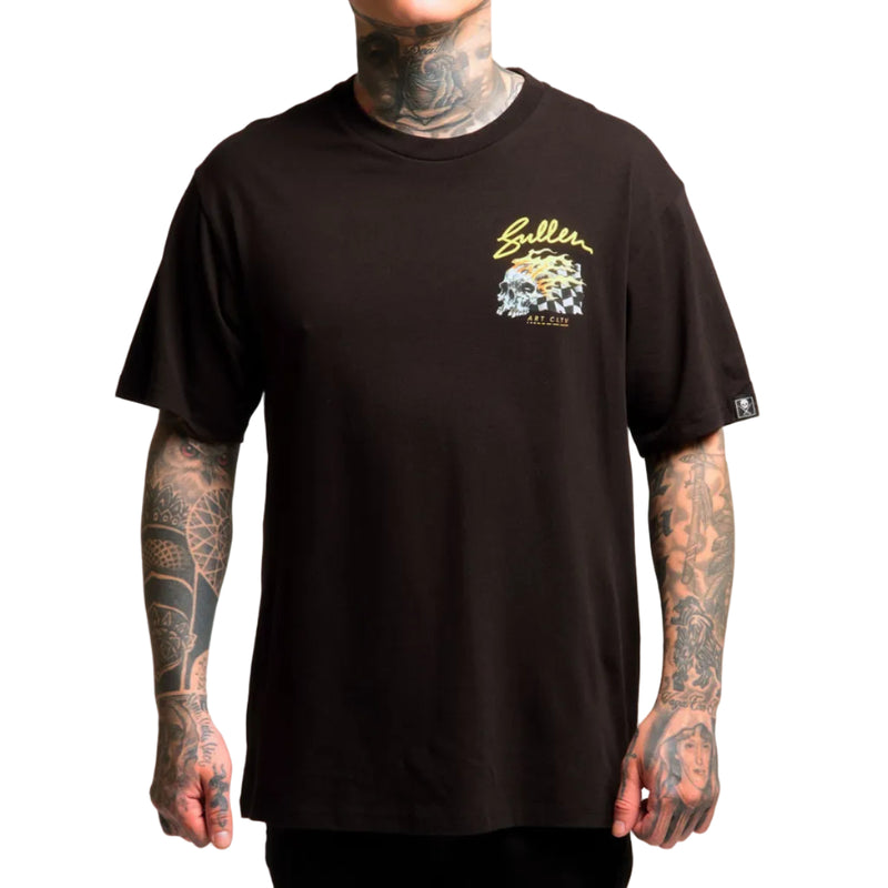 Load image into Gallery viewer, Person wearing a black t-shirt with a logo on a plain background

