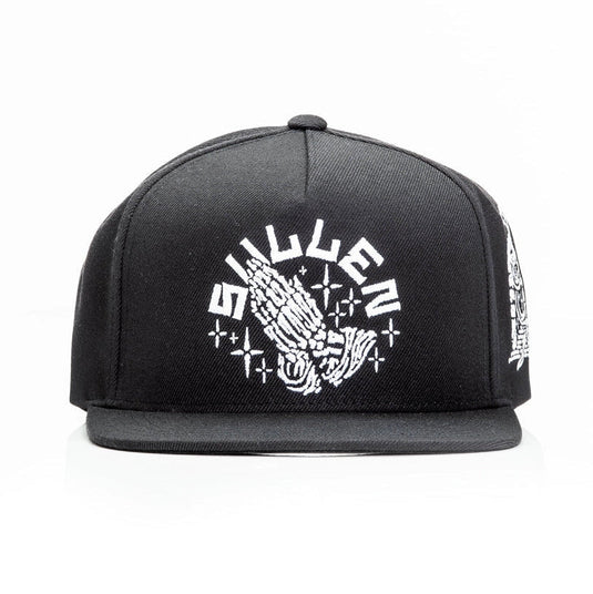 Black snapback with white embroidered Sullen logo on a white background