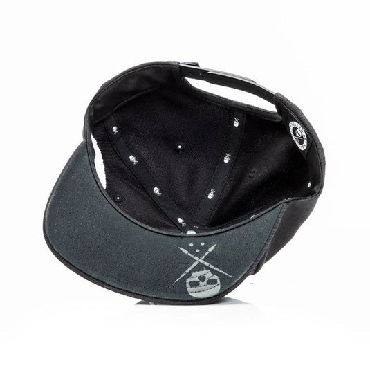 Black snapback cap with Sullen logo on the underbrim and inside on a white background