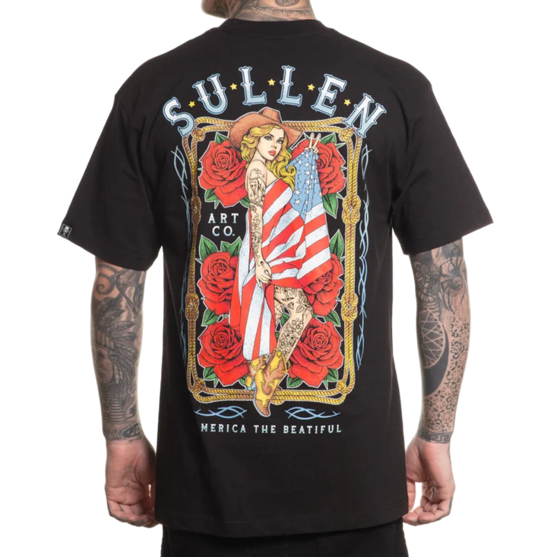 Load image into Gallery viewer, Black t-shirt with a colorful graphic design on the back, featuring an American flag and roses, worn by a person.
