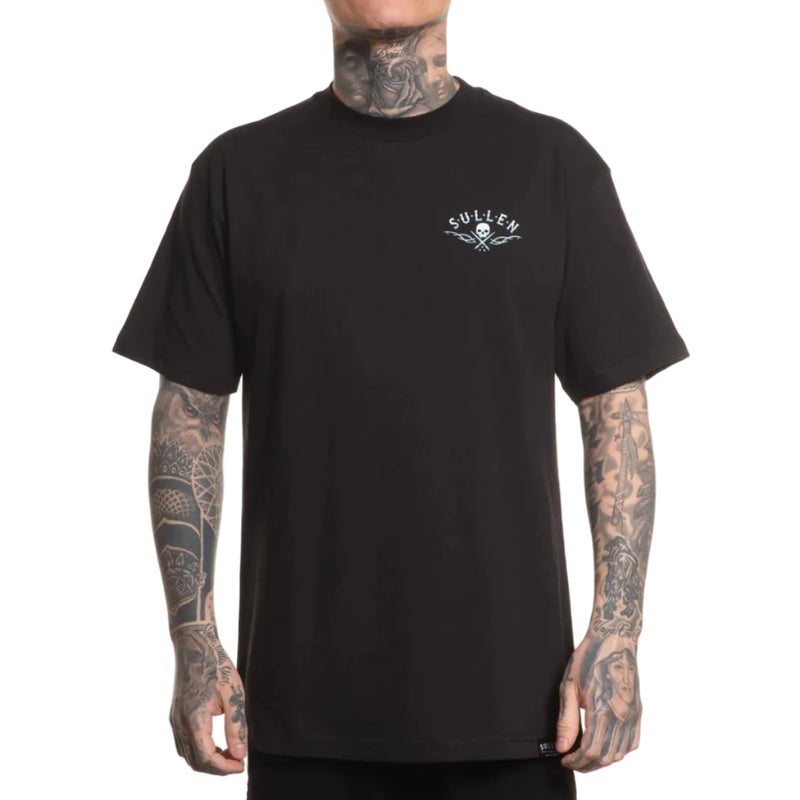 Load image into Gallery viewer, Person wearing a black t-shirt with a logo on a white background

