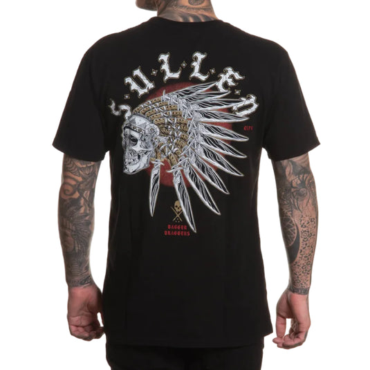 Black t-shirt with a graphic design on the back, worn by a person with tattoos.