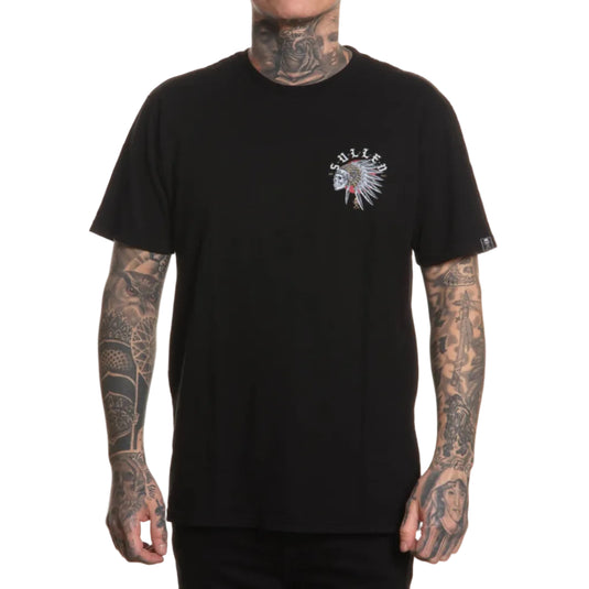 Black t-shirt with a logo on a white background