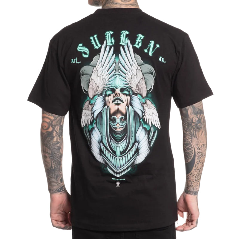 Load image into Gallery viewer, Black t-shirt with a colorful graphic design on the back, featuring the brand 'Sullen'.
