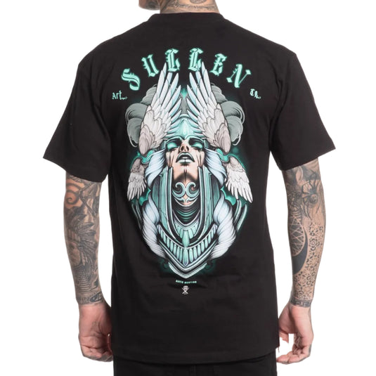 Black t-shirt with a colorful graphic design on the back, featuring the brand 'Sullen'.