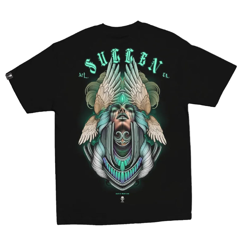 Load image into Gallery viewer, Black t-shirt with a colorful graphic design and 'Sullen' branding on a white background
