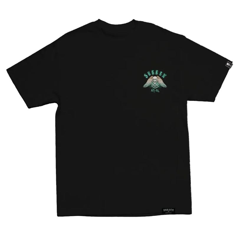 Load image into Gallery viewer, Black t-shirt with a logo on the chest against a white background
