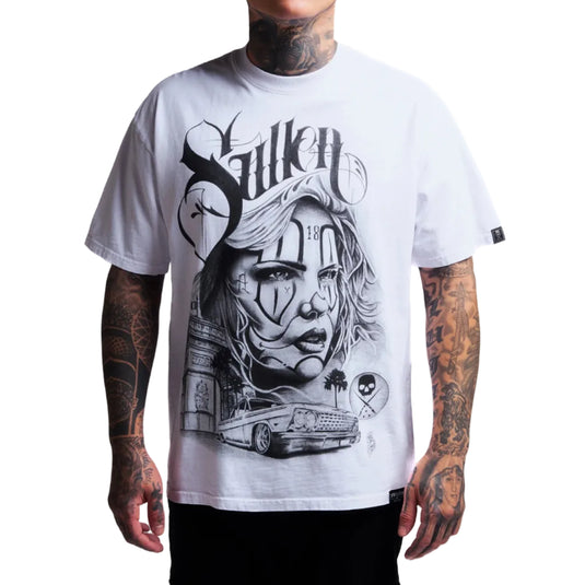 Person wearing a white t-shirt with a graphic design of a woman's face and tattoos.