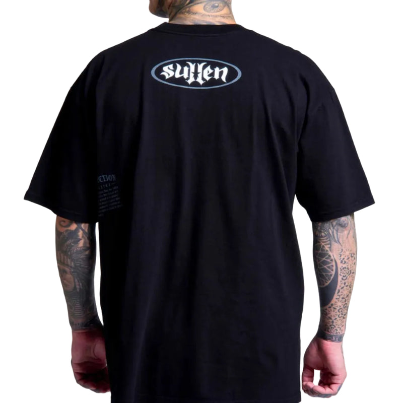Load image into Gallery viewer, A man wearing a black Sullen band t-shirt, viewed from the back. The shirt features the band's name 'sullen' in a white gothic font inside an oval outline on the upper back.

