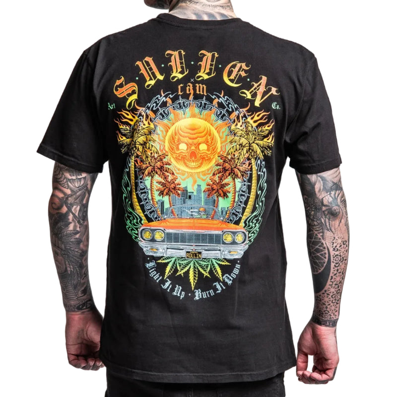 Load image into Gallery viewer, Black t-shirt with colorful graphic design on the back, worn by a person.
