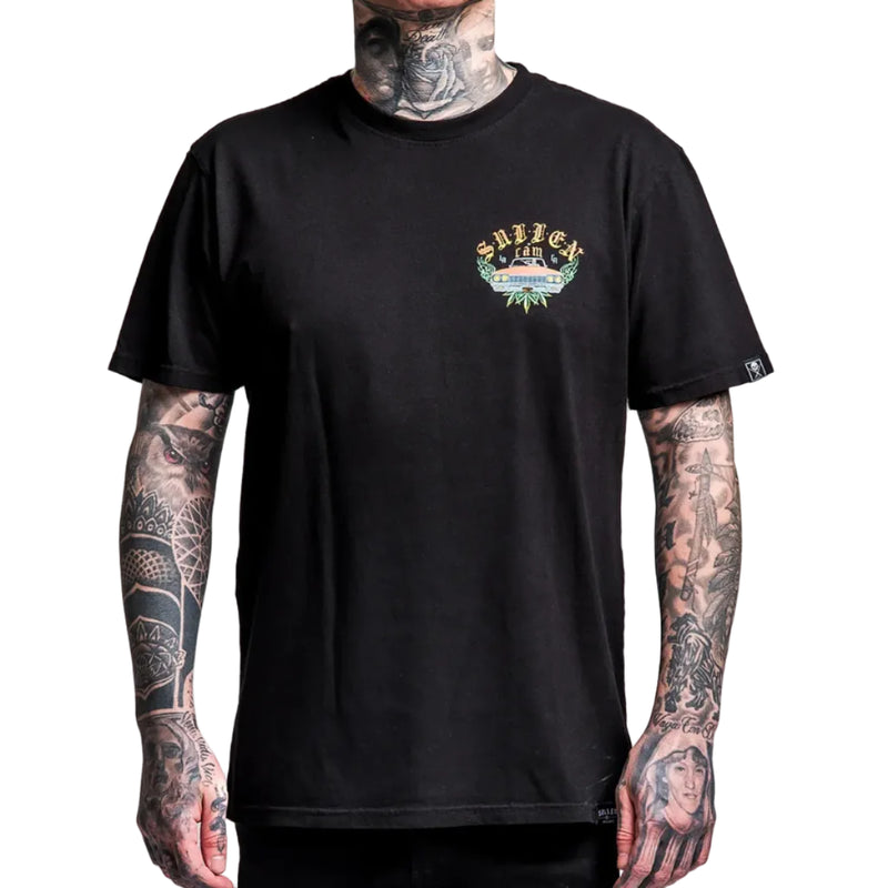Load image into Gallery viewer, Black shirt with a colorful graphic on the chest on a white background. 

