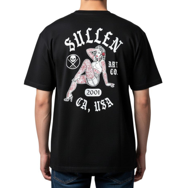 Load image into Gallery viewer, Person wearing a black t-shirt with a 'Sullen' logo and a Pin-Up Girl on a white background
