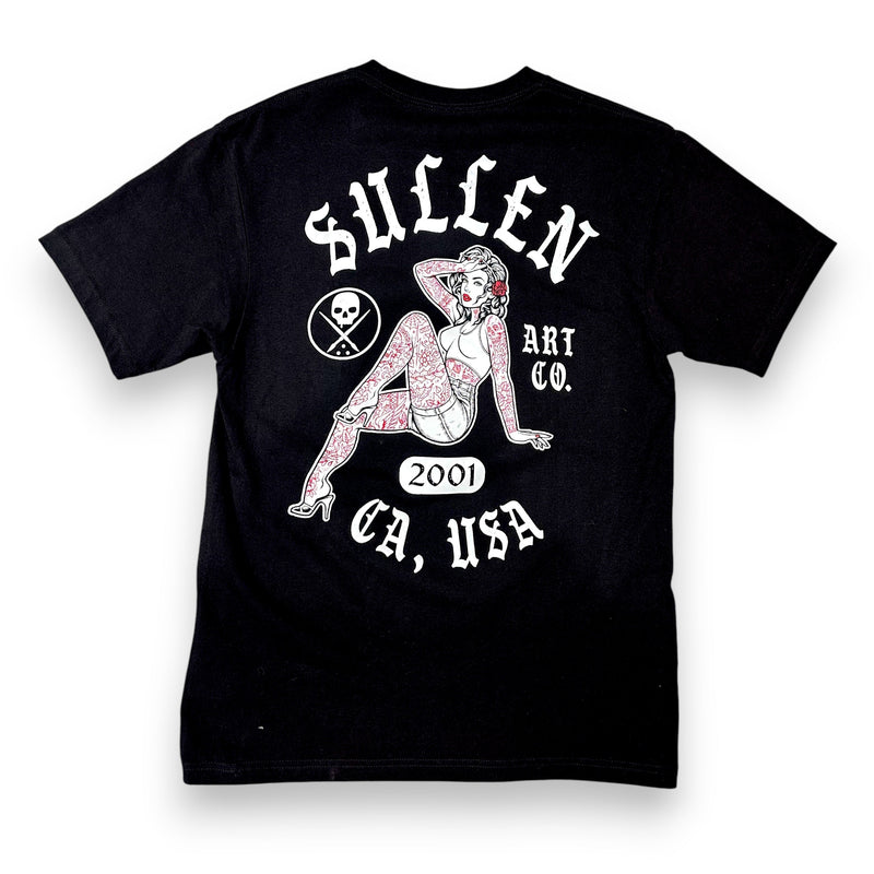 Load image into Gallery viewer, Person wearing a black t-shirt with a 'Sullen' logo and a Pin-Up Girl on a white background
