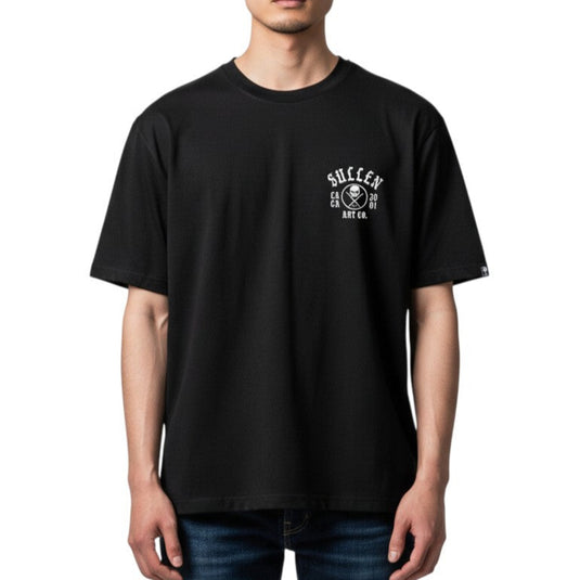 Person wearing a black t-shirt with a 'Sullen' logo on a white background