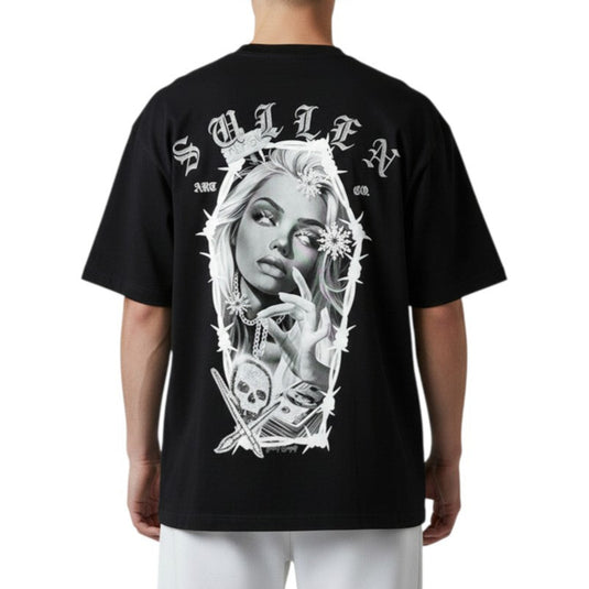 Black t-shirt with graphic design and text on a white background