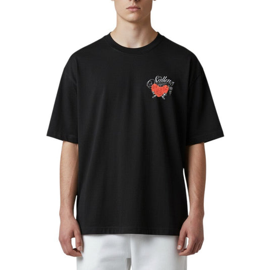 Black t-shirt with graphic design featuring roses and the brand 'Sullen' on a white background.
