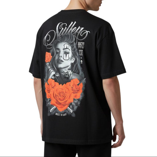 Black t-shirt with graphic design featuring a woman's face, roses, and the brand 'Sullen' on a white background.