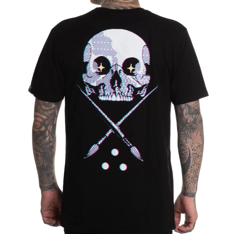 Load image into Gallery viewer, Black t-shirt with a skull and crossbones design on the back, worn by a person with tattoos.
