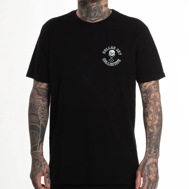 Load image into Gallery viewer, Person wearing a black shirt with a sullen brand logo on a white background
