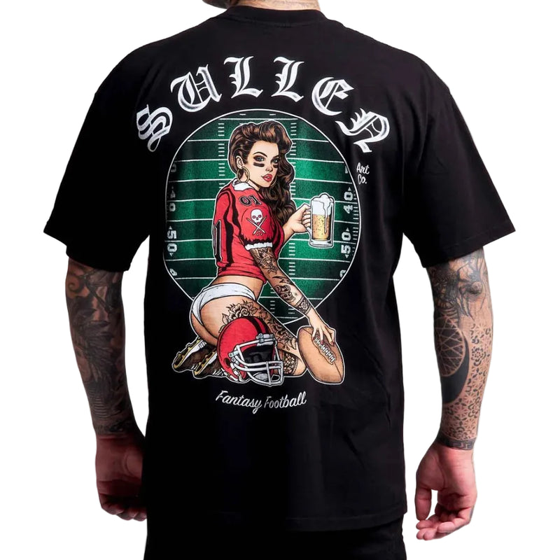 Load image into Gallery viewer, A man wearing a black t-shirt, showing the back of the shirt with a large graphic print. The graphic features the word 'SULLEN' in white gothic letters above a pin-up illustration of a woman in a red and black football jersey holding a beer mug, with 'Fantasy Football' written below.
