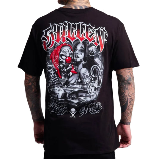 A man wearing a black t-shirt, viewed from the back. The shirt features a large graphic print with the word 'SULLEN' in a stylized red and white font at the top, and a detailed black and white illustration of a clown and skulls below.