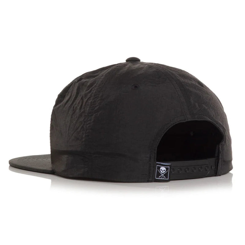 Load image into Gallery viewer, Black snapback cap with a small Sullen logo where the snaps are against a white background
