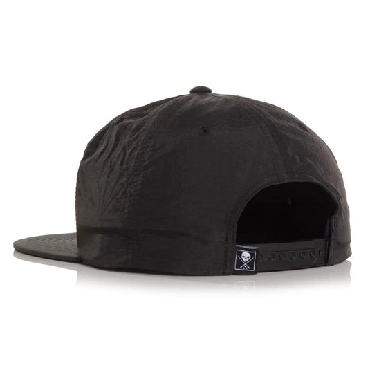 Black snapback cap with a small Sullen logo where the snaps are against a white background