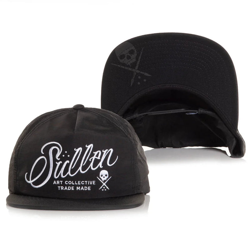 Load image into Gallery viewer, Black snapback cap with white embroidered "Sullen Art Collective Trade Made" logo on a white background
