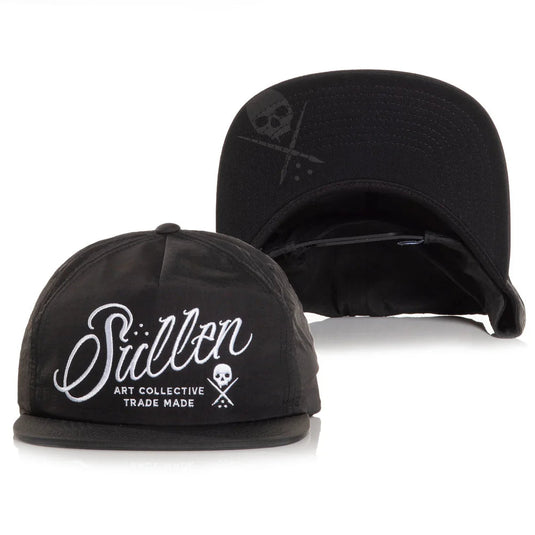 Black snapback cap with white embroidered 