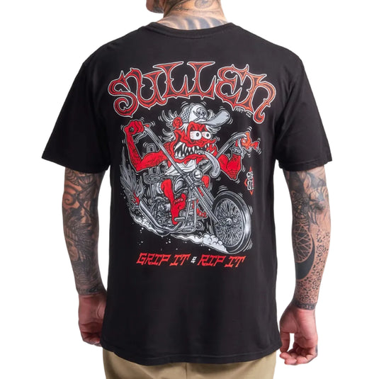Black t-shirt with red and white graphic design on a person's back