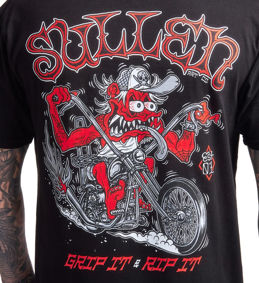 A close-up of a black graphic t-shirt featuring a red and white cartoon motorcycle rider with the text 'Sullen' at the top and 'Grip It & Rip It' at the bottom.