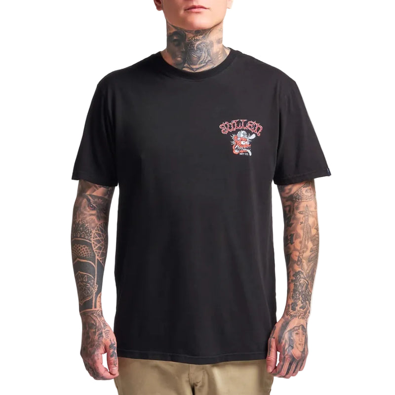 Load image into Gallery viewer, Person wearing a black t-shirt with a logo on a white background
