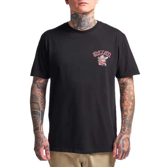 Person wearing a black t-shirt with a logo on a white background
