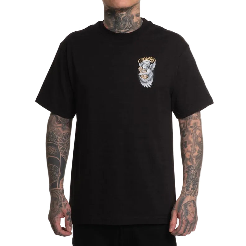 Load image into Gallery viewer, Black t-shirt with a graphic design on a white background
